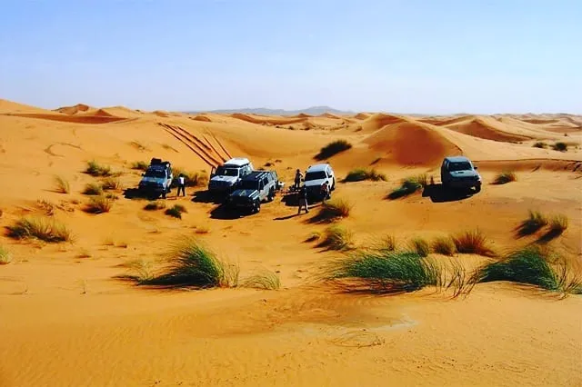 Des 4x4 arrêtés au milieu des dunes