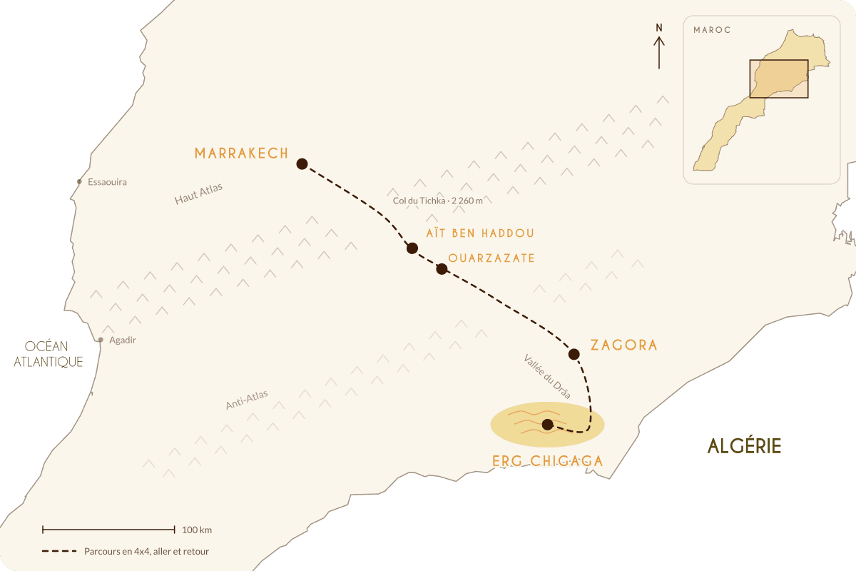 Carte de l'itinéraire : Marrakech, Zagora, Erg Chigaga